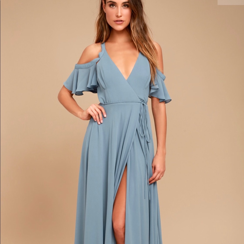 Easy Listening Blue Cold-Shoulder Wrap Maxi Dress